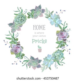 Green colorful succulent Echeveria vector design round frame. Natural cactus card in modern funky style. All elements are isolated and editable.