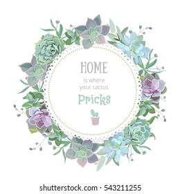 Green colorful succulent Echeveria vector design round card. Natural cactus frame in modern funky style