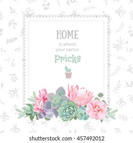 Green colorful succulents vector design square frame. Echeveria, protea, camellia, eucalyptus. Natural cactus card in modern funky style. All elements are isolated and editable.