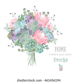 Green colorful succulents vector design set. Echeveria, protea, eucalyptus. Bouquet in modern funky style. All elements are isolated and editable.