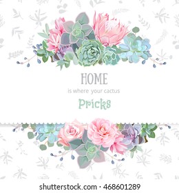Green colorful succulents vector design frame. Echeveria, protea, eucalyptus. Natural cactus card in modern funky style. Delicate floral texture background. All elements are isolated and editable.