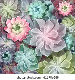 Green colorful succulents vector design background.
