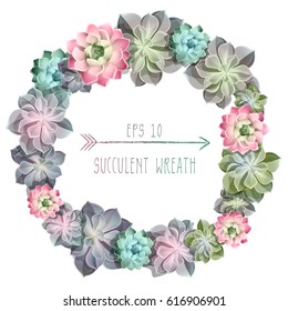 Green colorful succulents vector design wreath. All elements are isolated and editable.