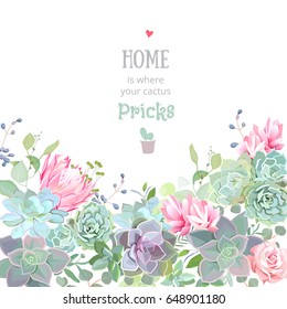 Green colorful succulents vector design card. Echeveria, protea, eucalyptus. Botanical style banner with flower mix. Modern funky cactus blank. All elements are isolated and editable