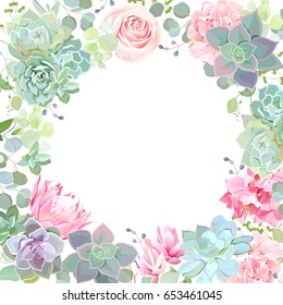 Green colorful succulents vector design card. Echeveria, protea, eucalyptus, hydrangea, rose. Botanical style banner with flower mix. Modern funky cactus blank. All elements are isolated and editable