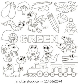 Green Colorless Objects Color elements set, collection of coloring book template, the group of outline digital elements vector illustration, kid educational game page.