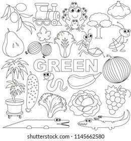 Green Colorless Objects Color elements set, collection of coloring book template, the group of outline digital elements vector illustration, kid educational game page.