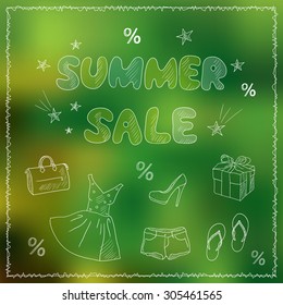 Green Colors Abstract Blurred Background and Web Banner of Summer Season Sale. Hand drawn style. Vector Illustration EPS 10.