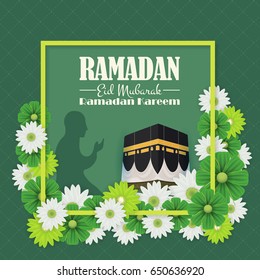 Green Colors Background and Spring Flowers, Ramadan Kareem - Islamic Holy Theme Design -  Arabic "Eid Mubarak", "be Blessed" at English