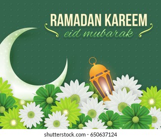 Green Colors Background and Spring Flowers, Ramadan Kareem - Islamic Holy Theme Design -  Arabic 