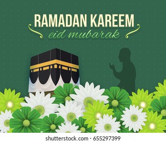 Green Colors Background and Spring Flowers, Ramadan Kareem - Islamic Holy Theme Design -  Arabic "Eid Mubarak", "be Blessed" at English