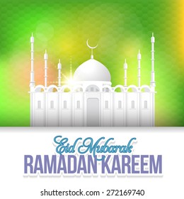 Green Colors Blurred Background and Ramadan Kareem - Islamic Holy Nights Theme Vector Design - Arabic "Eid Mubarak", "be Blessed" at English