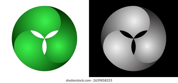 Green colors circle in spiral. Eco-friendly logo concept, icon or design element. The same shape in grey colors on a black background.