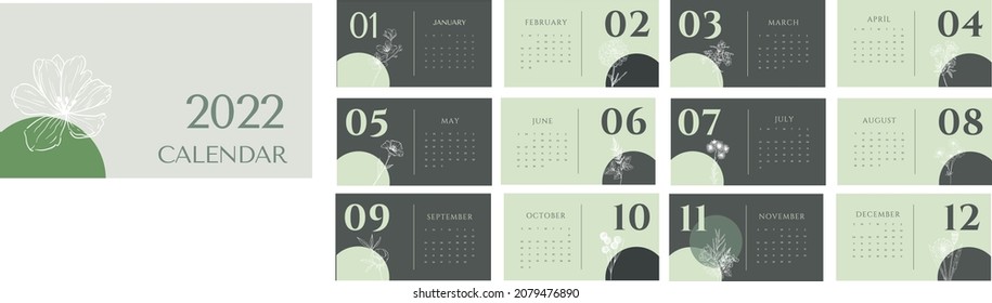 Green colors floral 2022 Calendar starts with sunday . 
