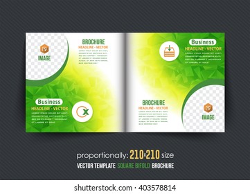 Green Colors Low Poly Elements Square Bi-Fold Brochure Design. Corporate Leaflet, Cover Template