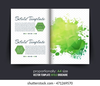 Green Colors Polygonal Bi-Fold Brochure Design. Corporate Leaflet, Cover Template
