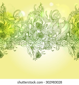 Green colors seamless romance background with bird and floral elements, Sketch art. Hand drawing vintage illustration for holidays and party invitations. 