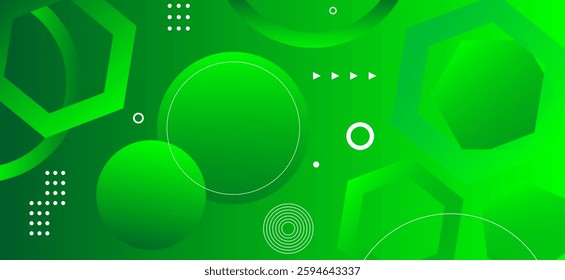 Green colour abstract gradient background with hexagons shapes and geomatric circle shapes and lines dynamic shapes composition design, background vector illustration.Futuristic,Luxury,graphic.