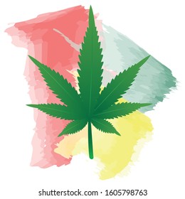 Green colour Cannabis leaf sign illustration. Vector. isolated on Raster watercolour background.