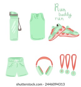 Green colour flat design set with running equipment