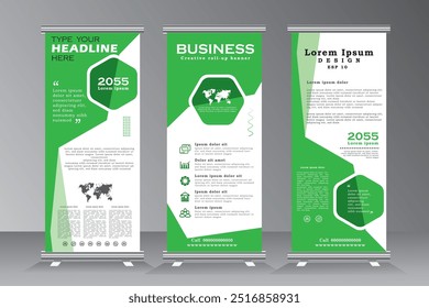 Green colour roll up banner stand template design for business, eco concept, event, conferance, presentation, environment, eco company, advertising. vector illustration