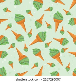 Green colour seamless background with ice cream pattern. Sweets cartoon wallpaper for different wrapping paper prints. Textile texture for children party