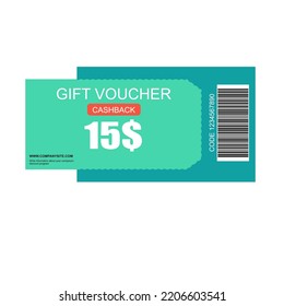 Colores verdes de la venta de promoción de cupones para sitios web, anuncios en internet, medios sociales o cupones. Descuento de cupón de reembolso de 15$. Descuento de cupón con ilustración vectorial
