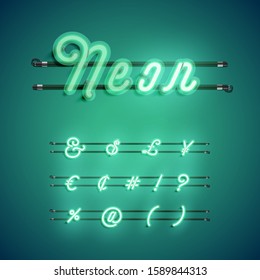 Green coloured neon character set, vector illustration