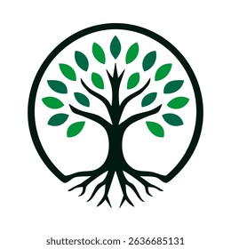 Green colours, tree of life circle. A circular nature symbol with branches, leaves and roots. Isolated on a white background.