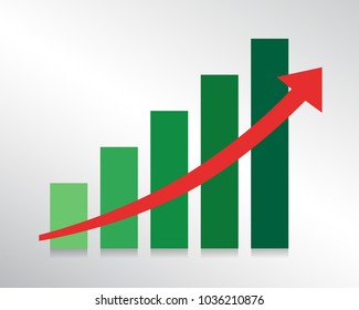 Diagrama de gráficos de columnas verdes con flecha ascendente. Ilustración del vector