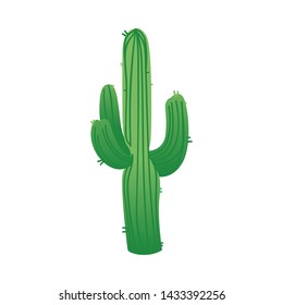 Green columnar Saguaro cactus with three branches or cacti arms cartoon style, vector illustration isolated on white background. Carnegiea desert prickly succulent peyote plant of Cactaceae family