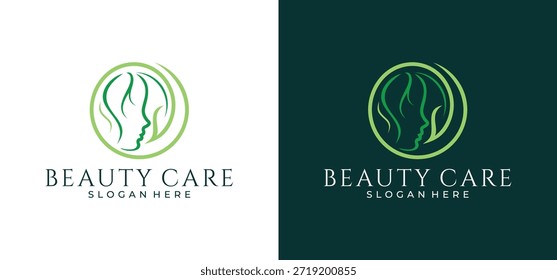 Green Combination Beauty logo vector featuring an illustration of a woman's face symbolizing natural skincare and cosmetic elegance.