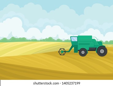 Green combine in the field. Vector illustration on white background.