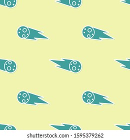Green Comet falling down fast icon isolated seamless pattern on yellow background.  Vector Illustration