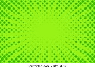 Green comic background. Art pop cartoon light backdrop. Halftone effect pattern. Fun anime texture. Starburst manga style bg. Mark popart radial gradient. Bright abstract color. Vector illustration