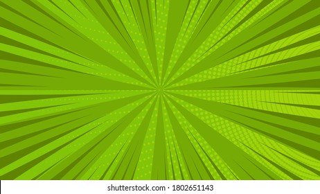 Green comic book page background in pop art style with empty space. Template with rays, dots and halftone effect texture. Vector illustration