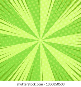 Green comic book page background in pop art style with empty space. Template with rays, dots and halftone effect texture. Vector illustration