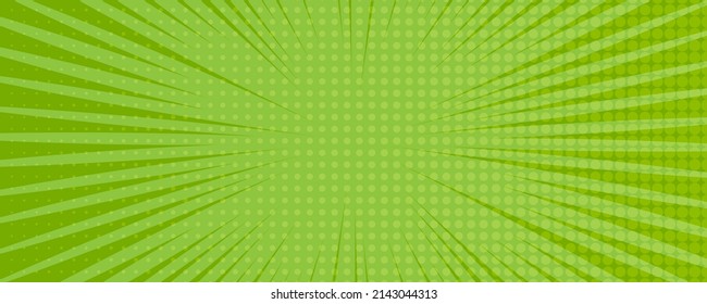 Green comic book page background in pop art style with empty space. Template with rays, dots and halftone effect texture. Vector illustration