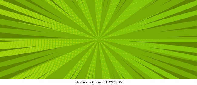 Green comic book page background in pop art style with empty space. Template with rays, dots and halftone effect texture. Vector illustration