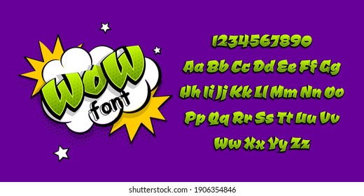 Green comic book pop art superhero font. Comic text alphabet collection. Bold comics book font with halftone shadow. Speech bubble for text.