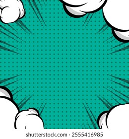 A green comic book style background with white dotted patterns and white clouds or explosions, featuring blue comic book style background with black dotted patterns and green clouds or explosions
