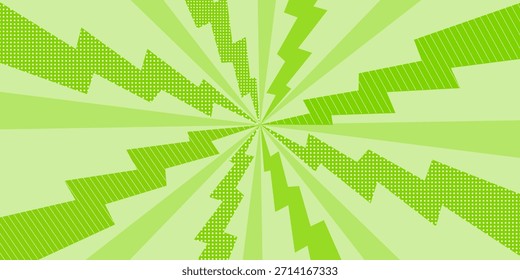 Grüner Comic-Radial-Burst-Hintergrund mit Zickzack-Blitzformen und Rasterpunktmustern, die eine energetische Pop-Art-Explosion erzeugen. für Poster, Banner, Werbeaktionen, Anzeigen, Aufkleber, grafische Designs.