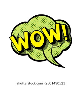 Green comic speech bubble with the word wow! is expressing a sentiment of surprise