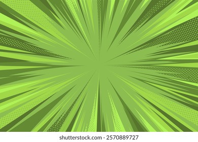 Green Comic Style Halftone Background. Modern creative pop art rays in comic style background. Clean anime halftone backdrop