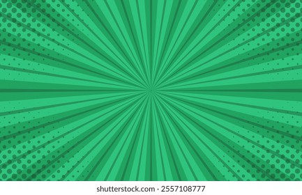 Green comic sunburst effect background with halftone. Pop art comic-style vector background. Suitable for templates, sale banners, events, ads, web pages, and others
