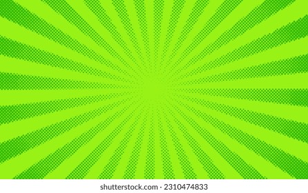 Green comics background. Abstract lines backdrop. Bright sunrays. Design frames for title book. Texture explosive polka. Beams action. Pattern motion flash. Rectangle fast boom. Vector illustration