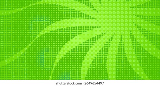 Green comics background. Abstract lines backdrop. Bright sunrays. Design frames for title book. Texture explosive polka. Beams action.