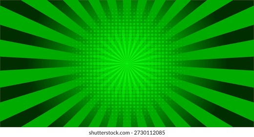 Grüner Comic-Hintergrund. Hintergrund abstrakter Linien. Helle Sonnenstrahlen. Gestaltungsrahmen für das Titelbuch. Textur explosive Polka. Beams-Aktion. Musterbewegungsblitz. Rechteck schneller Ausleger. Vektorgrafik