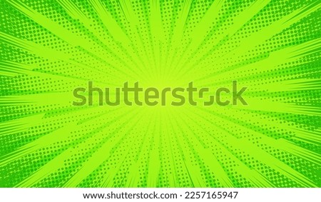Green comics background. Abstract lines backdrop. Bright sunrays. Design frames for title book. Texture explosive polka. Beam action. Pattern motion flash. Rectangle fast boom. Vector illustration