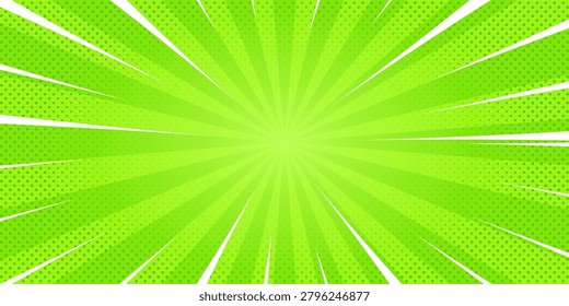 Green comics background with speed or explosion effect. Comic halftone gradation gradient. Simple polka dots pattern. Dynamic motion in manga. Radial anime speed lines. Zoom effect for books